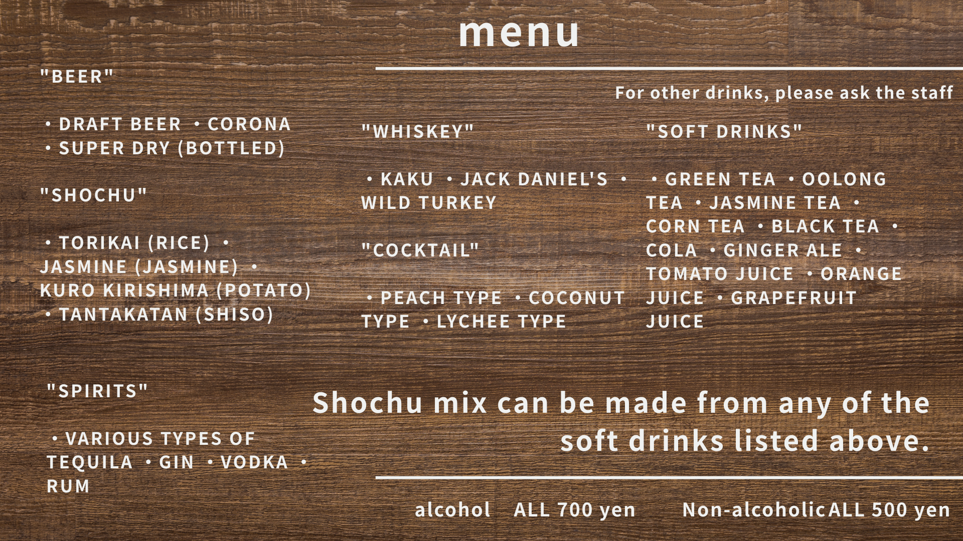 Darts bar menu: Beer, Shochu, Cocktails, Whiskey, Soft Drinks